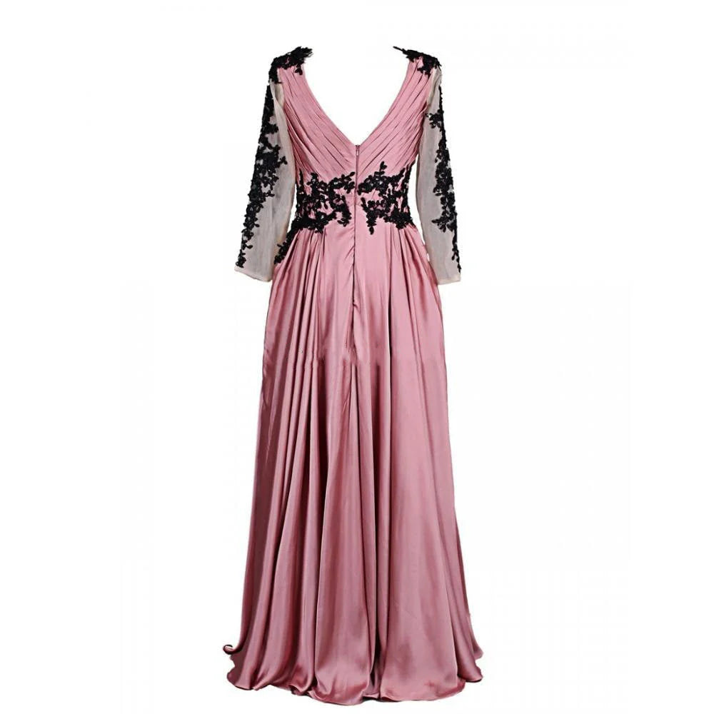 V neck Prom Dress Fashion Long Sleeves Appliques Black And Pink Chiffon Prom Dress