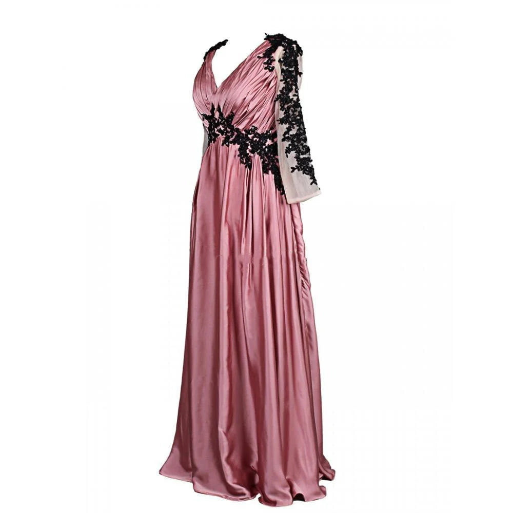 V neck Prom Dress Fashion Long Sleeves Appliques Black And Pink Chiffon Prom Dress