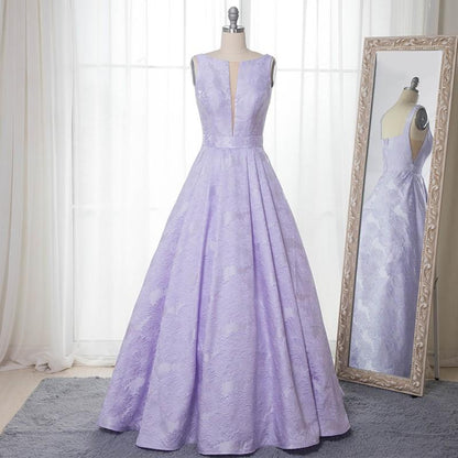 Elegant A-Line Bateau Sleeveless Lilac Floral Satin Prom Dress Long