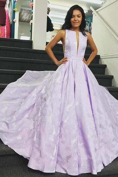 Elegant A-Line Bateau Sleeveless Lilac Floral Satin Prom Dress Long