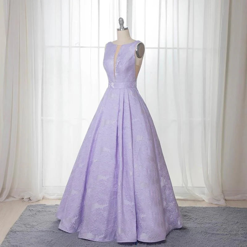 Elegant A-Line Bateau Sleeveless Lilac Floral Satin Prom Dress Long