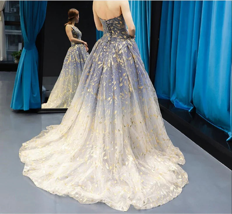 Elegant A Line Blue Tulle Long Strapless Lace up Gold Evening Dress Prom Dresses