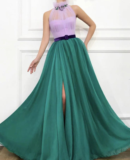 Elegant A Line Chiffon Open Back Halter Slit Tulle Long Cheap Prom Dresses