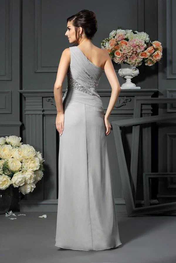 A-Line Grey One Shoulder Sleeveless Beads Slit Chiffon Mother of the Bride Dresses