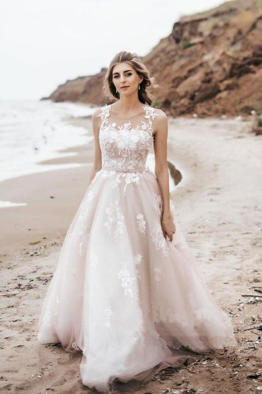 A Line Lace Scoop Tulle Beach Wedding Dresses