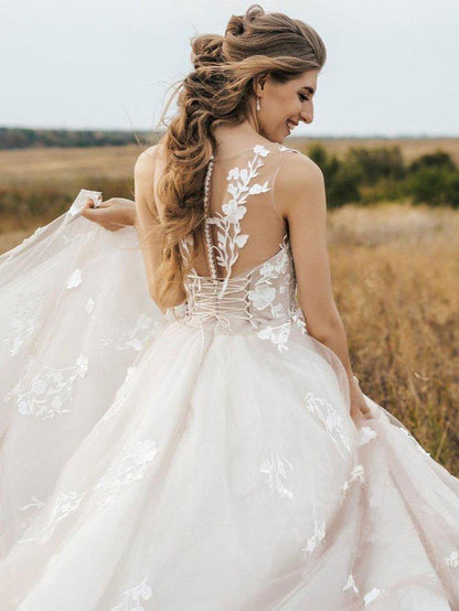 A Line Lace Scoop Tulle Beach Wedding Dresses