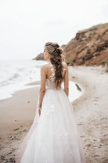 A Line Lace Scoop Tulle Beach Wedding Dresses