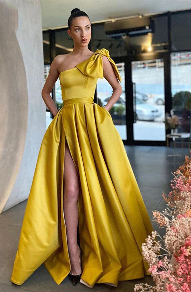 Elegant A Line One Shoulder Satin Prom Dress With Slit