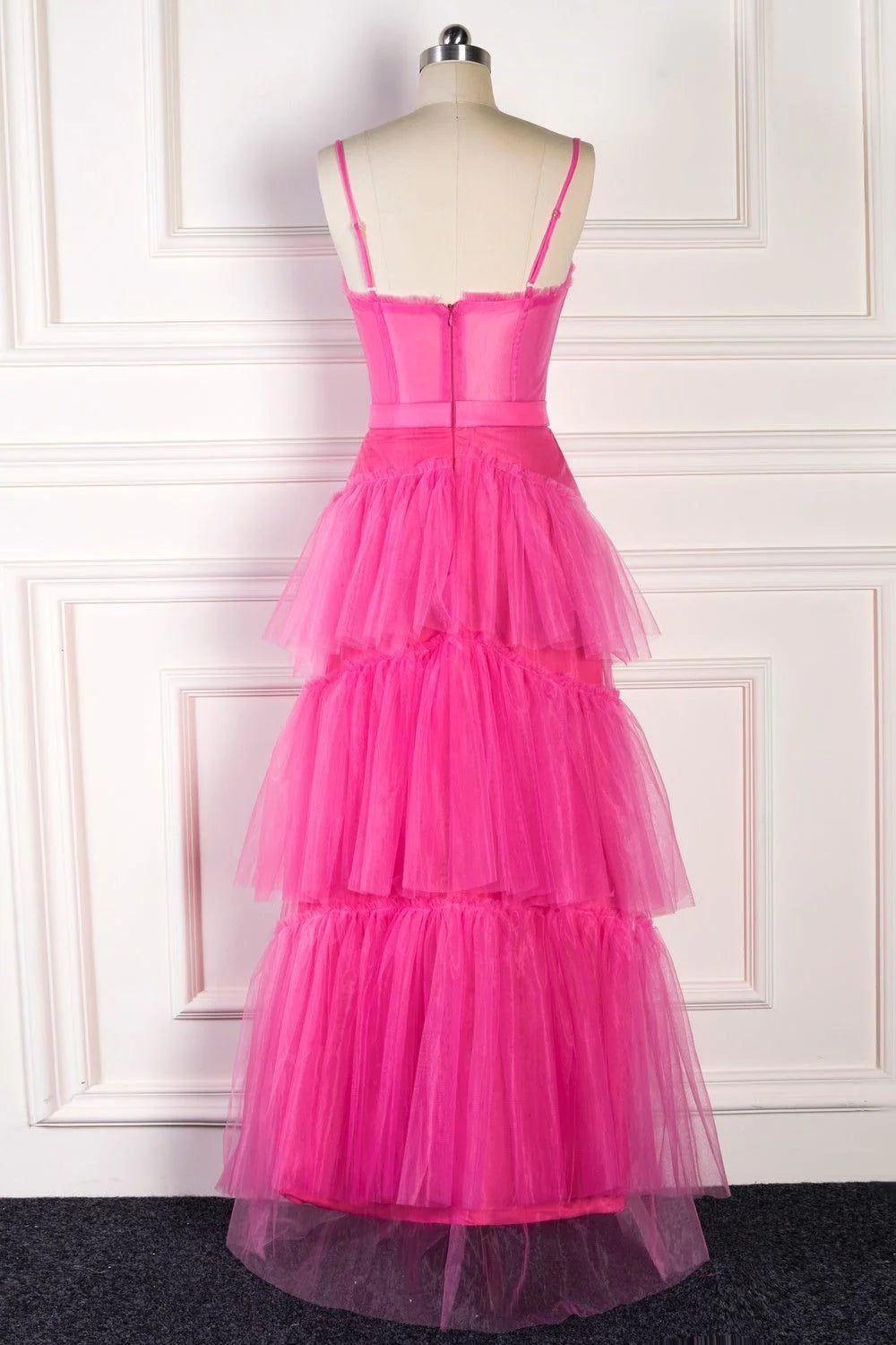 Elegant A Line Pink Spaghetti Straps Tiered Tulle Long Prom Dress