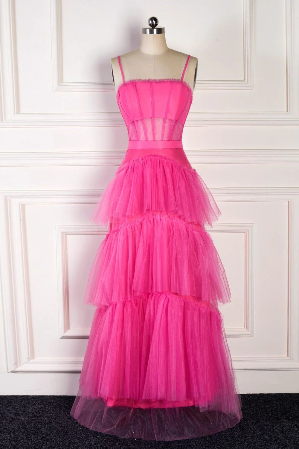 Elegant A Line Pink Spaghetti Straps Tiered Tulle Long Prom Dress