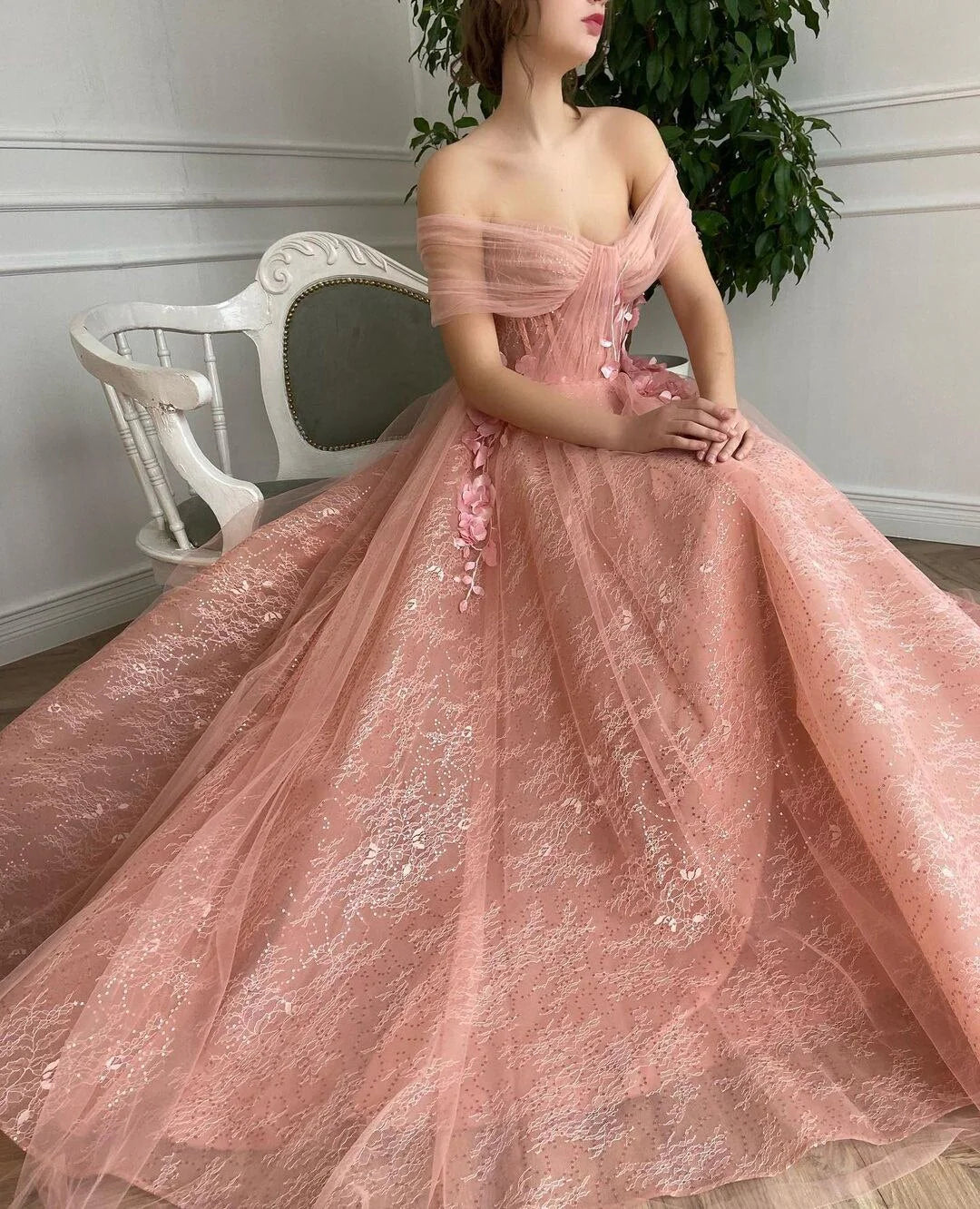 A Line Pink Tulle Off Shoulder Sweetheart 3D Flower Sleeveless Prom Evening Dresses