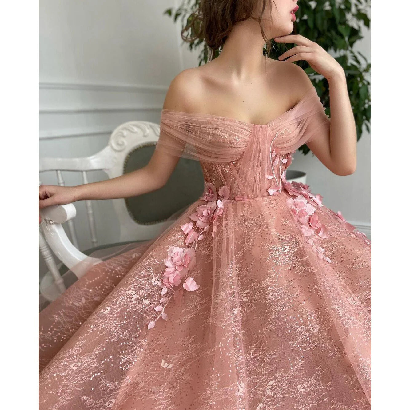 A Line Pink Tulle Off Shoulder Sweetheart 3D Flower Sleeveless Prom Evening Dresses