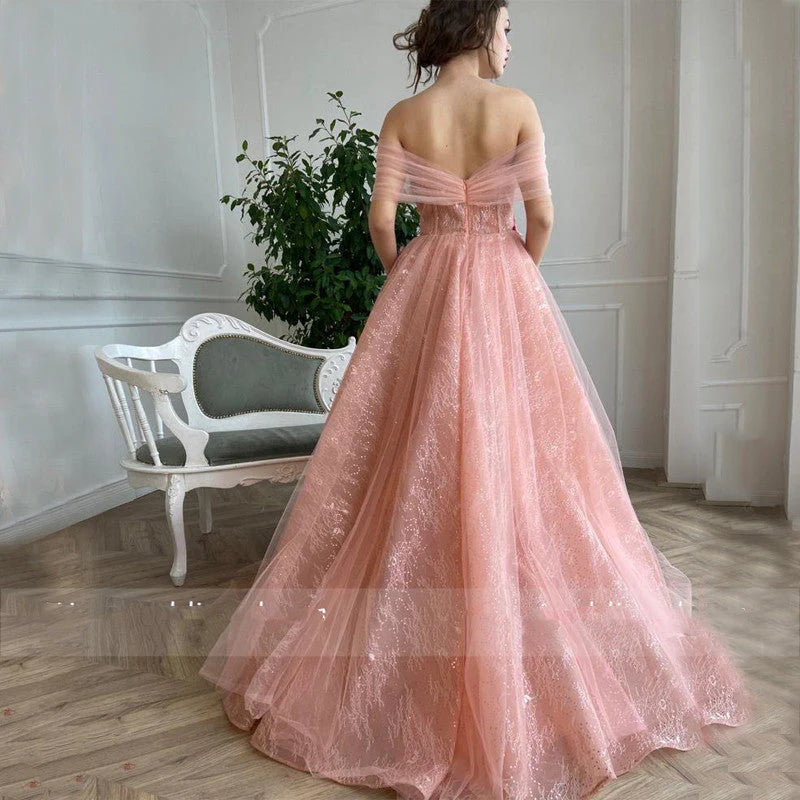 A Line Pink Tulle Off Shoulder Sweetheart 3D Flower Sleeveless Prom Evening Dresses