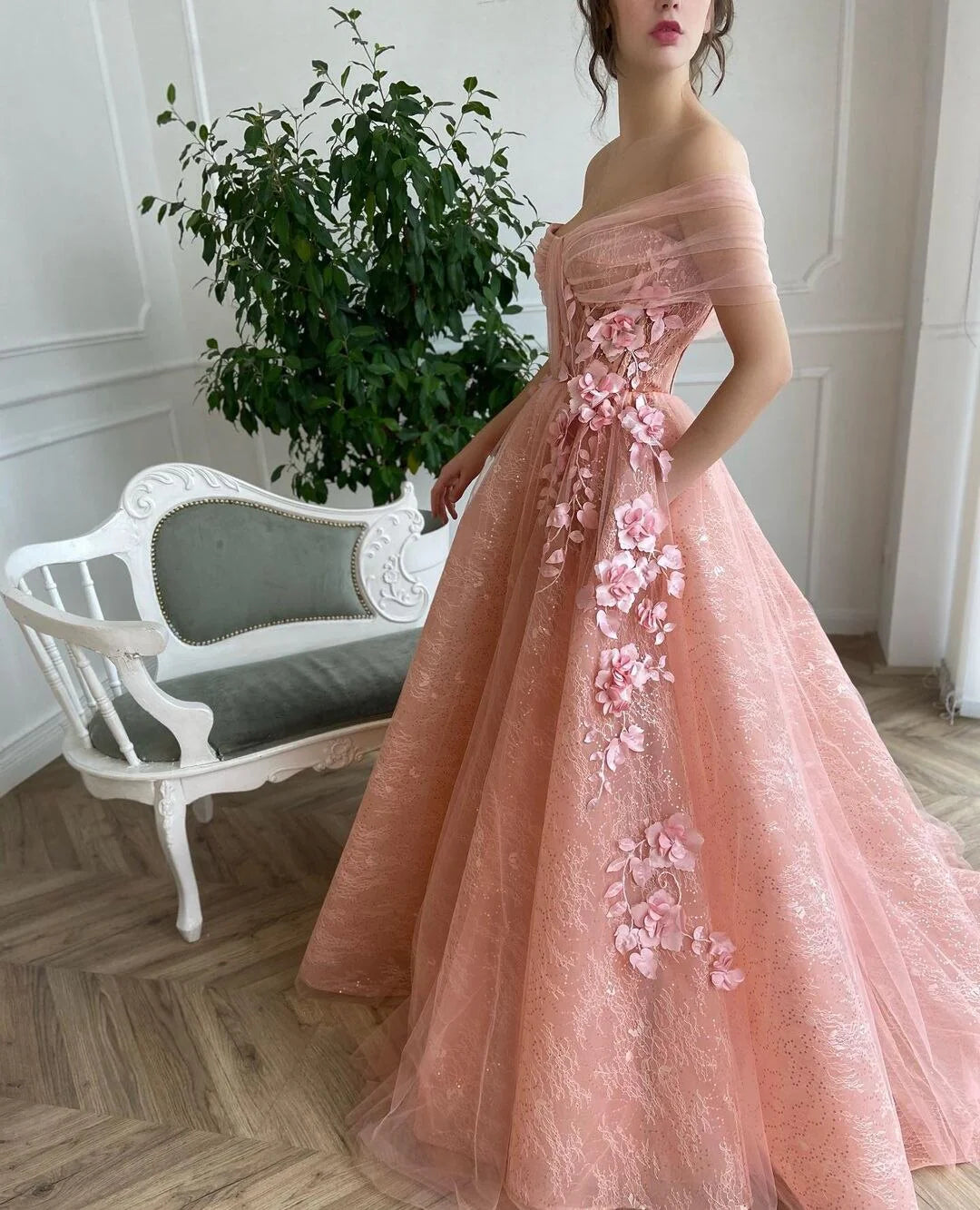 A Line Pink Tulle Off Shoulder Sweetheart 3D Flower Sleeveless Prom Evening Dresses