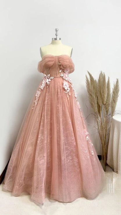 A Line Pink Tulle Off Shoulder Sweetheart 3D Flower Sleeveless Prom Evening Dresses