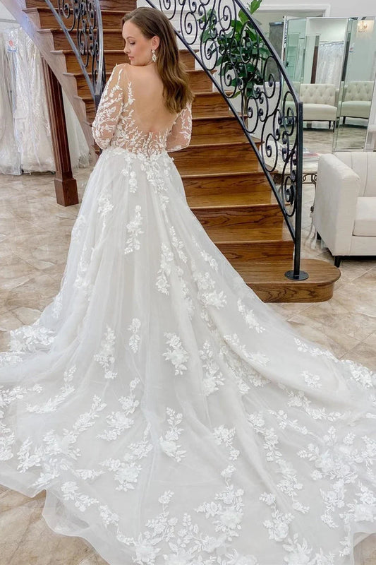 A Line See Through Long Sleeve Lace Appliques Wedding Dresses