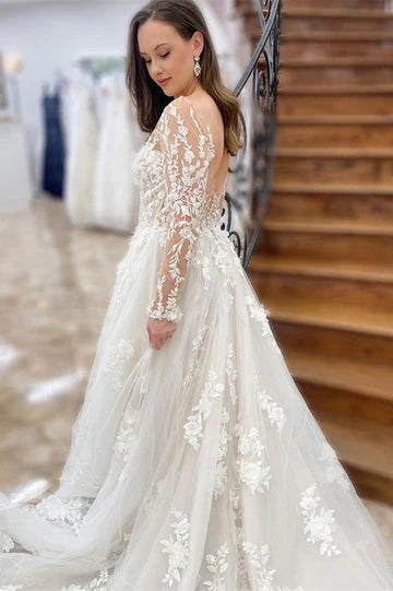 A Line See Through Long Sleeve Lace Appliques Wedding Dresses