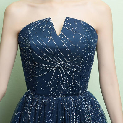 Elegant A-Line Strapless Navy Blue Sparkly Long Prom Dress