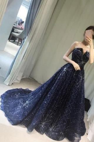 Elegant A-Line Strapless Navy Blue Sparkly Long Prom Dress