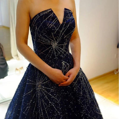 Elegant A-Line Strapless Navy Blue Sparkly Long Prom Dress