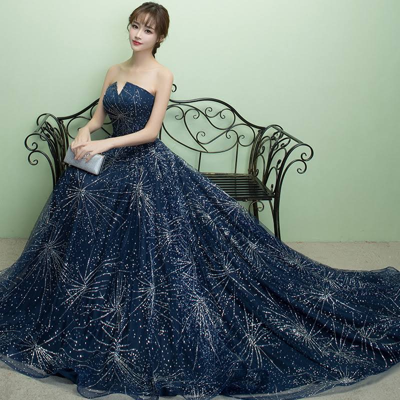 Elegant A-Line Strapless Navy Blue Sparkly Long Prom Dress