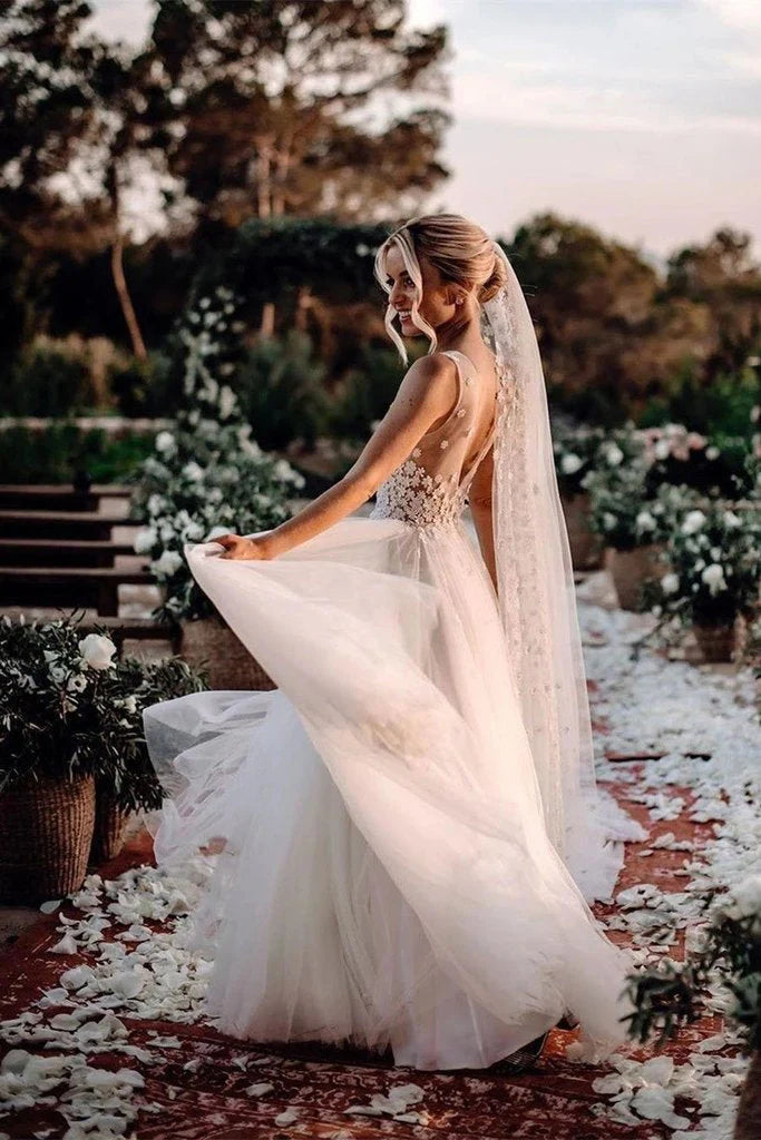 Elegant A Line V Neck Tulle Wedding Dresses with Flowers