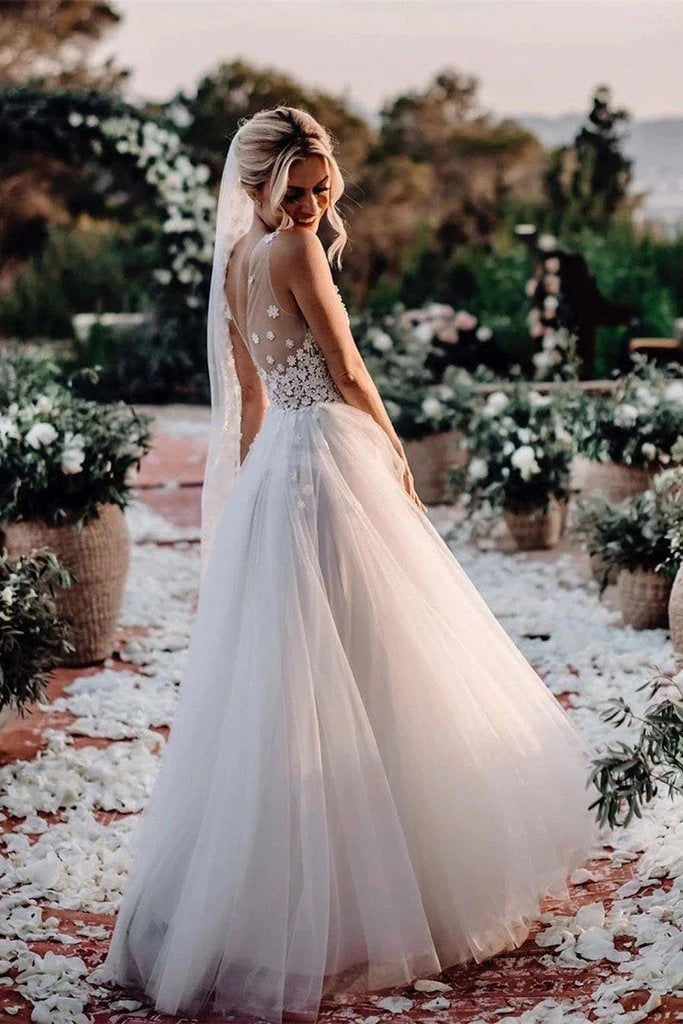 Elegant A Line V Neck Tulle Wedding Dresses with Flowers