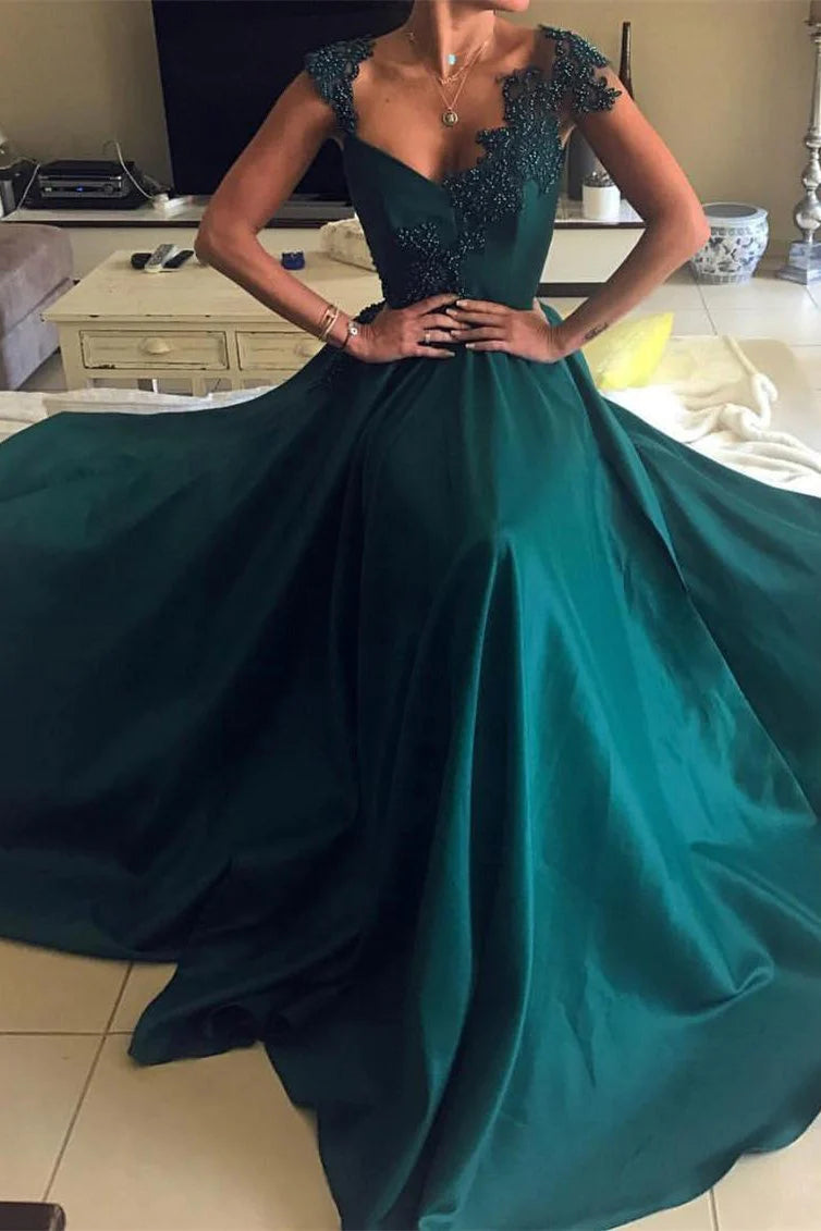 Elegant Beaded Peacock Green V Neck Long Satin Open Back Prom Dresses