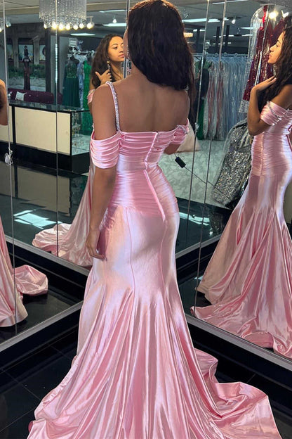 Elegant Beaded Ruched Spaghetti Straps Long Sheath Mermaid Long Prom Dresses