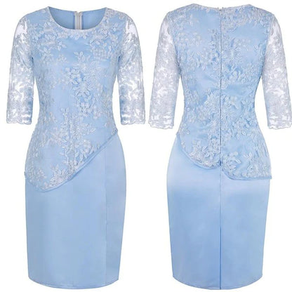 Elegant Blue Plus Size Scoop Half Sleeve Lace Spandex Layered Knee Length Mother Of The Bride Dress