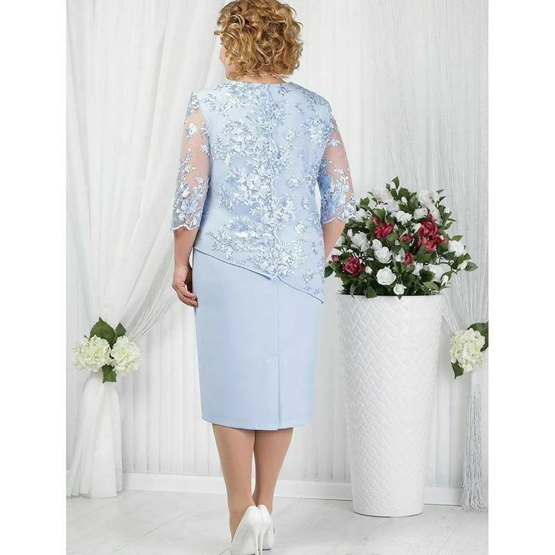 Elegant Blue Plus Size Scoop Half Sleeve Lace Spandex Layered Knee Length Mother Of The Bride Dress