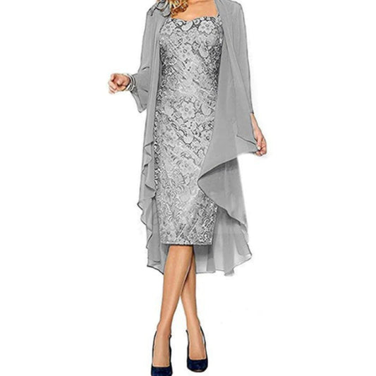 Elegant Chiffon Lace Two Pieces Plus Size Sheath Mother Of The Bride Dresses with Jacket