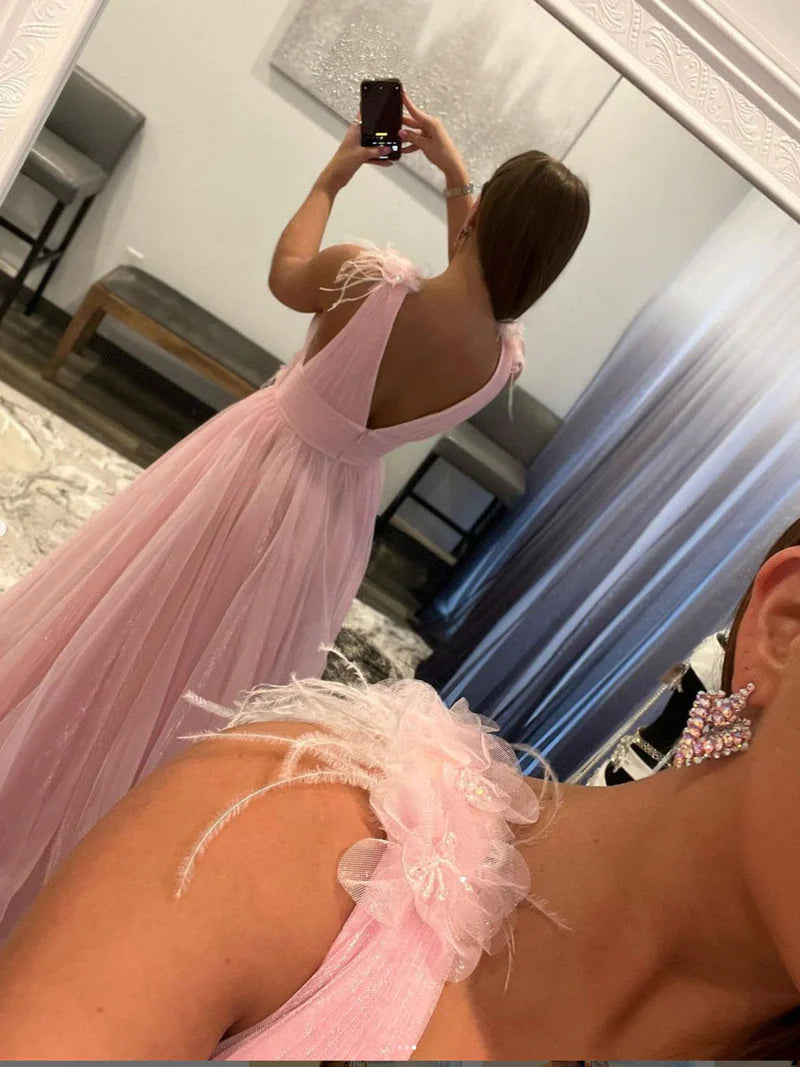 Elegant Deep V Neck Organza Pink Princess Prom Dresses Evening Dresses