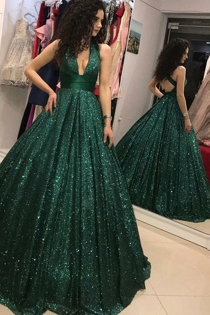 Elegant Green Deep V Neck Criss Cross Prom Dresses Long Sequin Evening Dresses