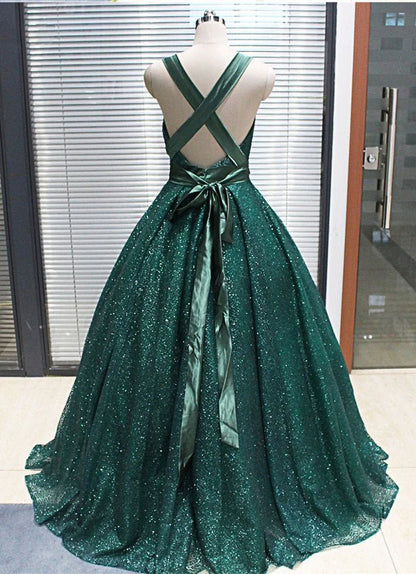 Elegant Green Deep V Neck Criss Cross Prom Dresses Long Sequin Evening Dresses