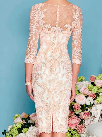 Illusion Neck Knee Length 3/4 Sleeve Sheath / Column Mother of the Bride Dress with Embroidery