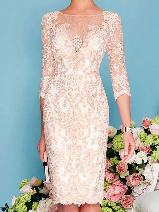 Illusion Neck Knee Length 3/4 Sleeve Sheath / Column Mother of the Bride Dress with Embroidery