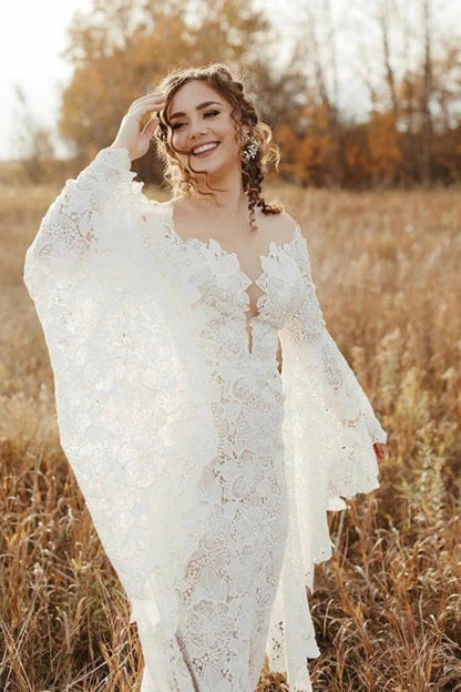 Elegant Lace Long Sleeve Mermaid Sweetheart Neck Covered Button Wedding Dresses