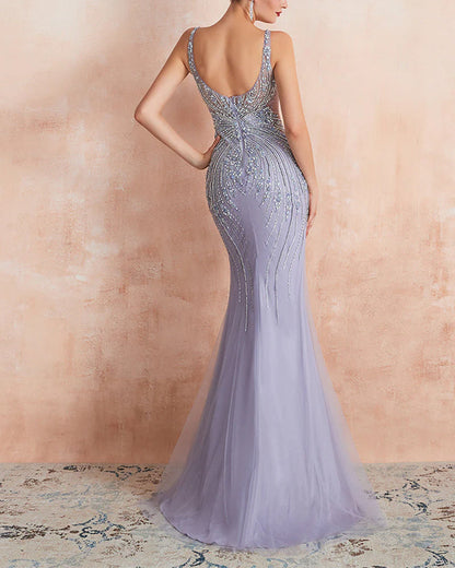 Mermaid Scoop Floor-Length Tulle Zipper Back Prom Dresses With Beaded