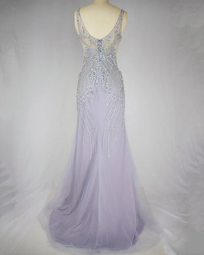 Mermaid Scoop Floor-Length Tulle Zipper Back Prom Dresses With Beaded