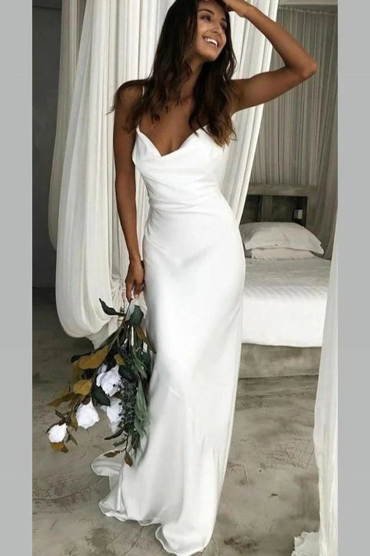 Elegant Mermaid Cowl Neckline White Simple Wedding Dresses