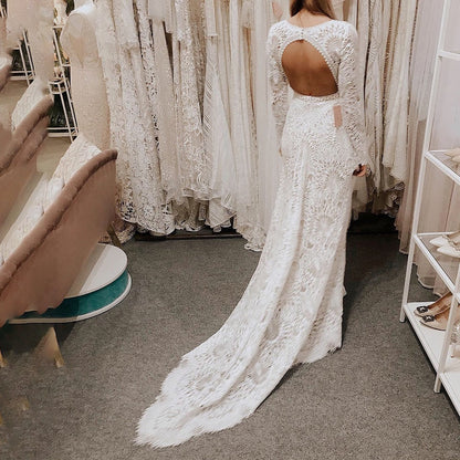 Elegant Mermaid Lace Long Sleeve Boho Scoop Neck Open Back Pearls Modern Wedding Dresses