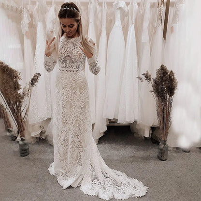 Elegant Mermaid Lace Long Sleeve Boho Scoop Neck Open Back Pearls Modern Wedding Dresses