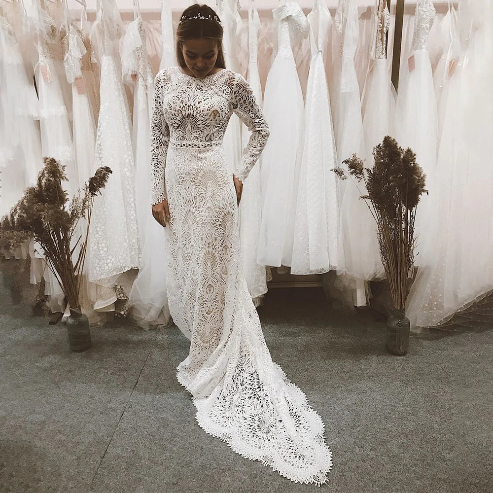 Elegant Mermaid Lace Long Sleeve Boho Scoop Neck Open Back Pearls Modern Wedding Dresses