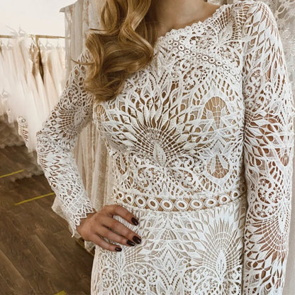 Elegant Mermaid Lace Long Sleeve Boho Scoop Neck Open Back Pearls Modern Wedding Dresses