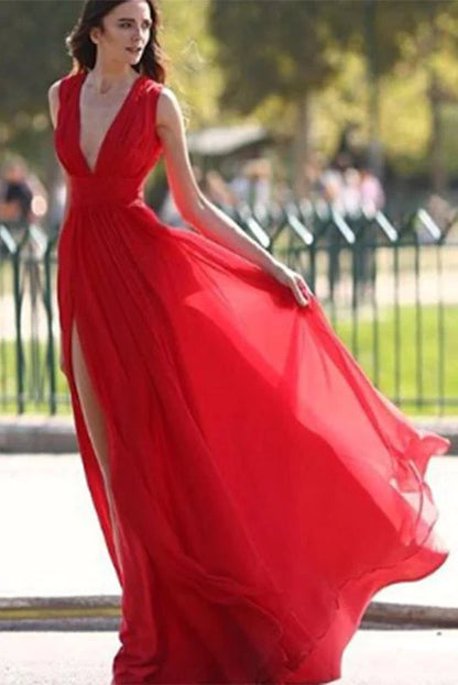 Elegant Red Split V-Neck A-Line Chiffon Sexy Floor-Length Prom Dresses