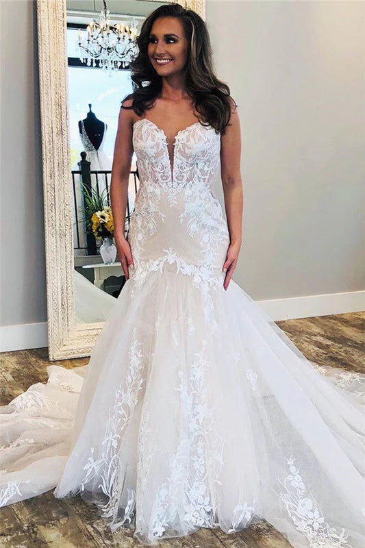 Mermaid Sheath Backless Sweetheart Applique Lace Wedding Dresses