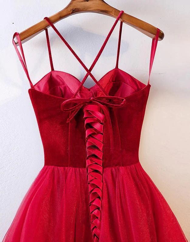 Elegant Spaghetti Straps Tulle Lace up Red Sweetheart Prom Dresses Long Formal Dresses