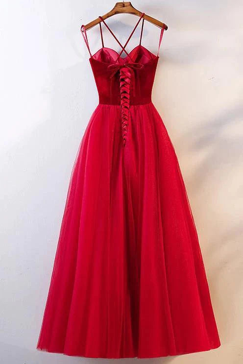 Elegant Spaghetti Straps Tulle Lace up Red Sweetheart Prom Dresses Long Formal Dresses