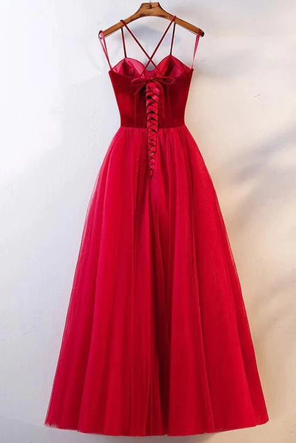 Elegant Spaghetti Straps Tulle Lace up Red Sweetheart Prom Dresses Long Formal Dresses